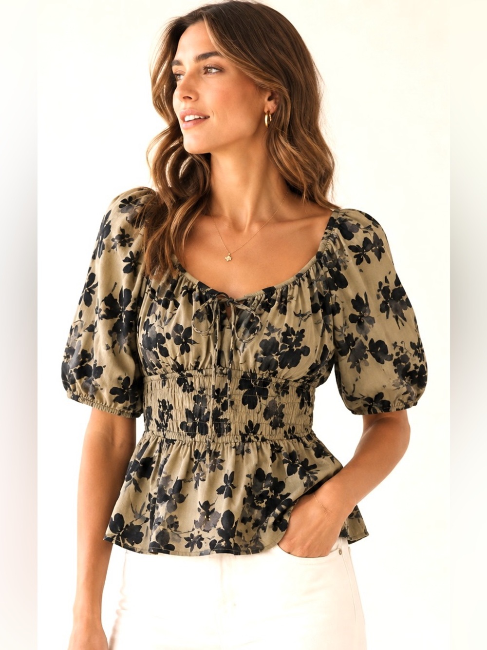GAP Olive Floral Puff-Sleeve Peplum Top